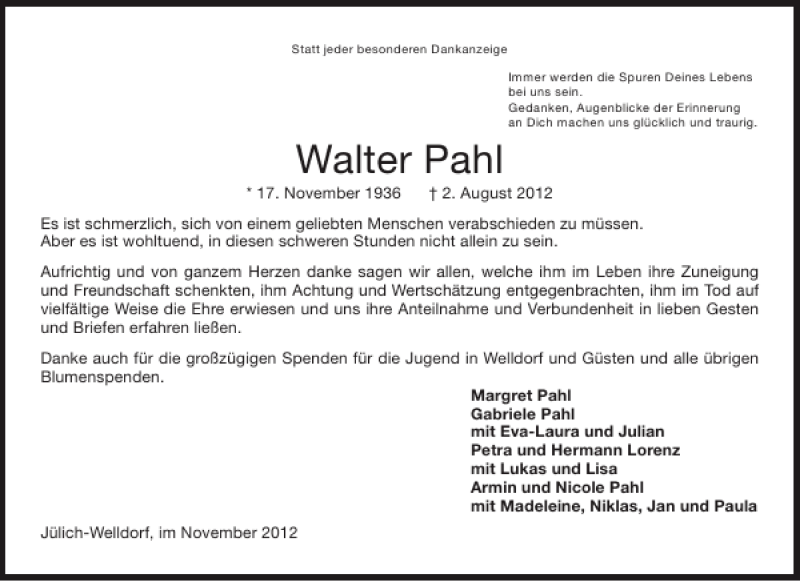 Traueranzeigen Von Walter Pahl Aachen Gedenkt