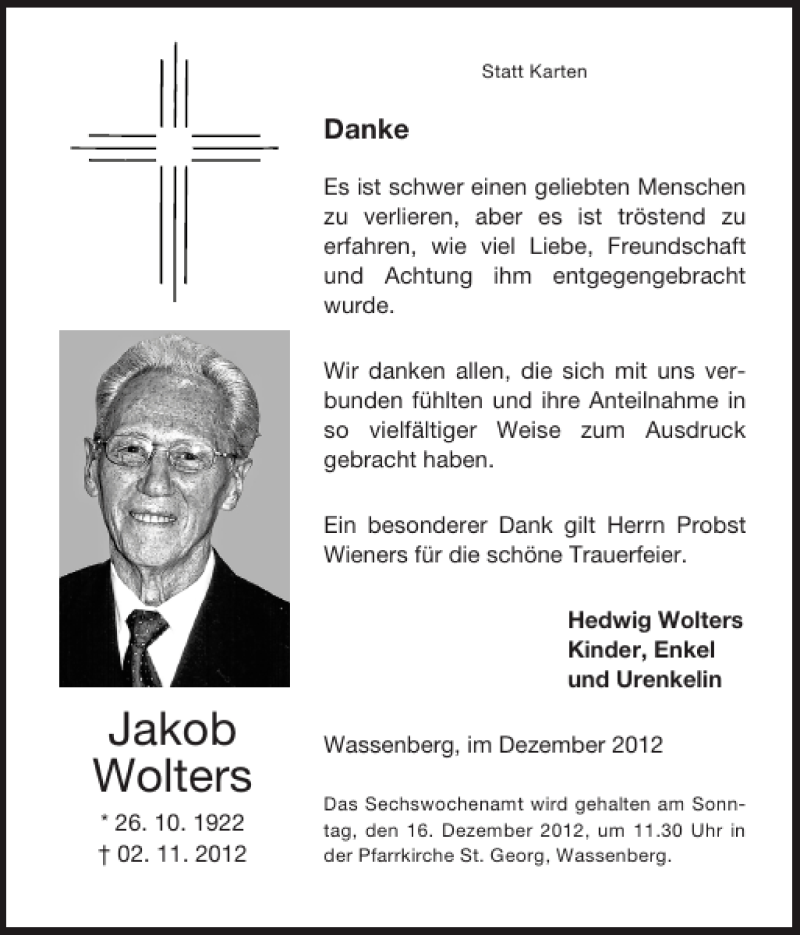 Traueranzeigen Von Jakob Wolters Aachen Gedenkt