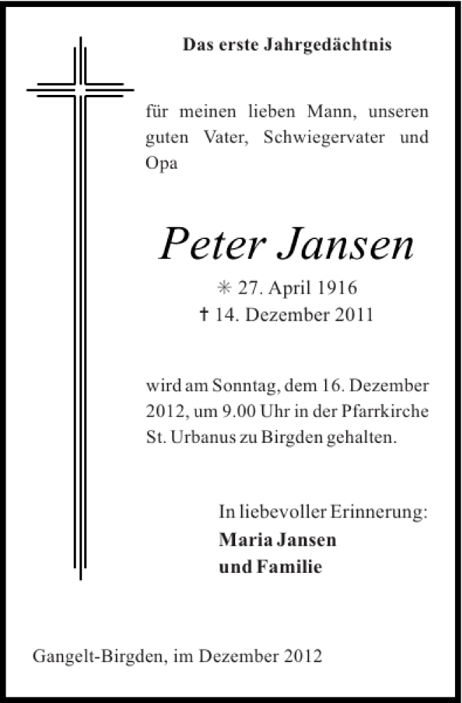 Traueranzeigen Von Peter Jansen Aachen Gedenkt