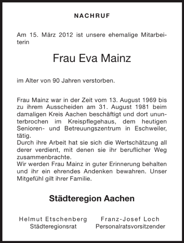 Traueranzeigen Von Frau Eva Mainz Aachen Gedenkt