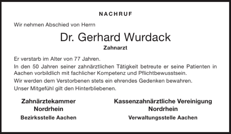 Traueranzeigen Von Dr Gerhard Wurdack Aachen Gedenkt