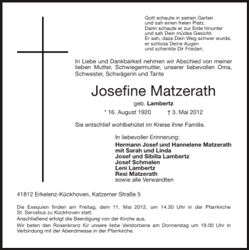 Traueranzeigen Von Josefine Matzerath Aachen Gedenkt