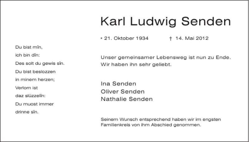 Traueranzeigen Von Karl Ludwig Senden Aachen Gedenkt