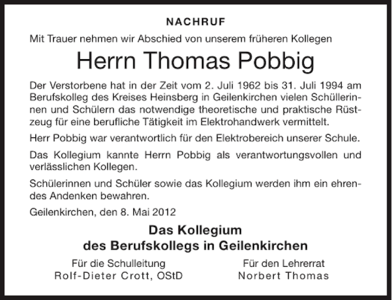 Traueranzeigen Von Thomas Pobbig Aachen Gedenkt