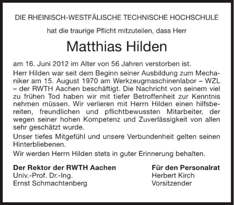 Traueranzeigen Von Matthias Hilden Aachen Gedenkt