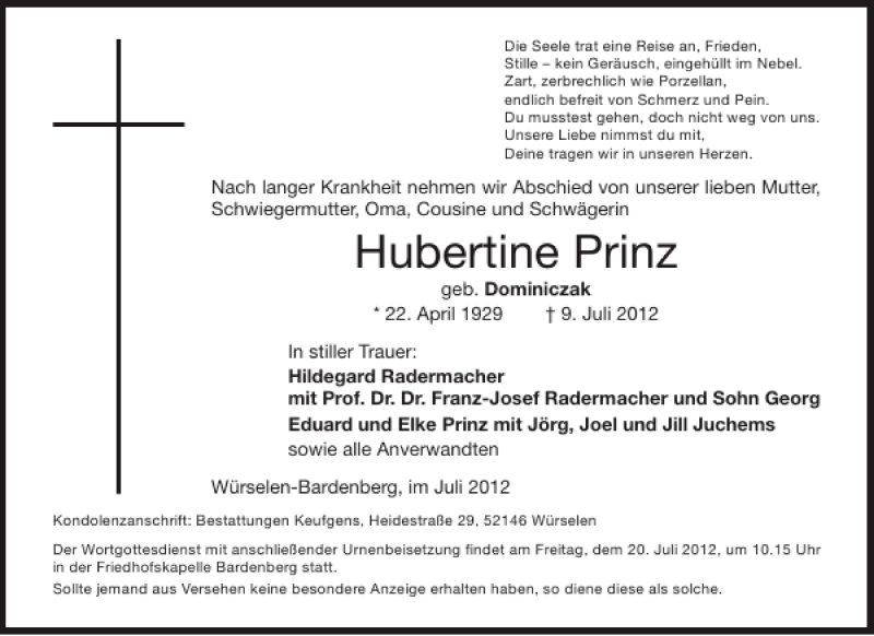 Traueranzeigen Von Hubertine Prinz Aachen Gedenkt