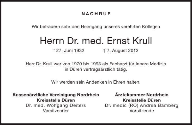 Traueranzeigen Von Dr Med Ernst Krull Aachen Gedenkt