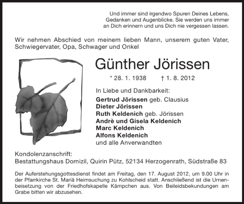 Traueranzeigen von Günther Jörissen Aachen gedenkt