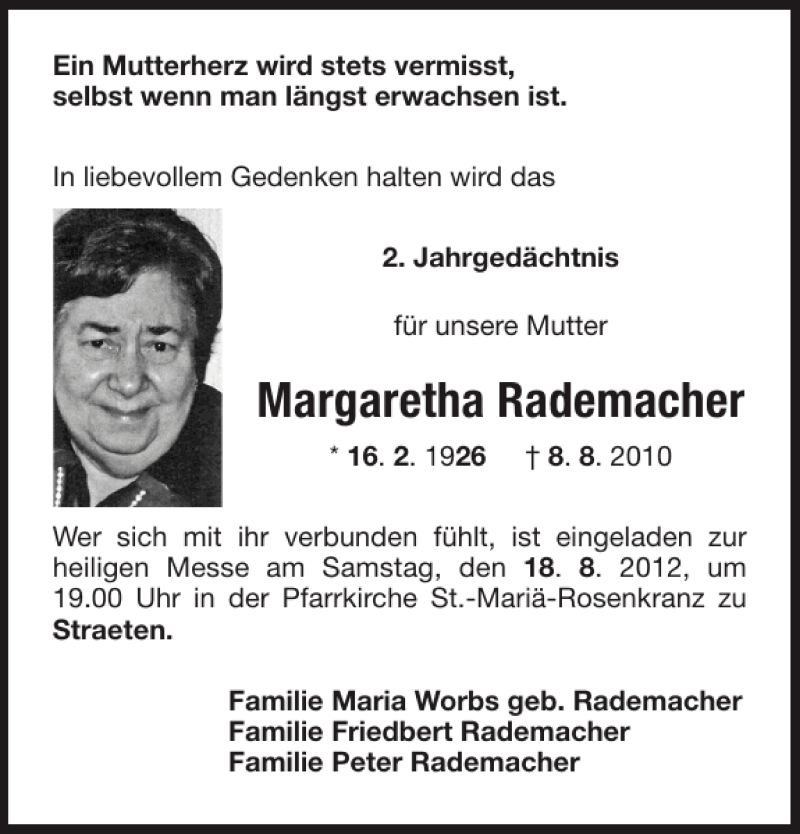 Traueranzeigen Von Margaretha Rademacher Aachen Gedenkt