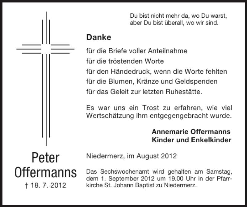 Traueranzeigen Von Peter Offermanns Aachen Gedenkt