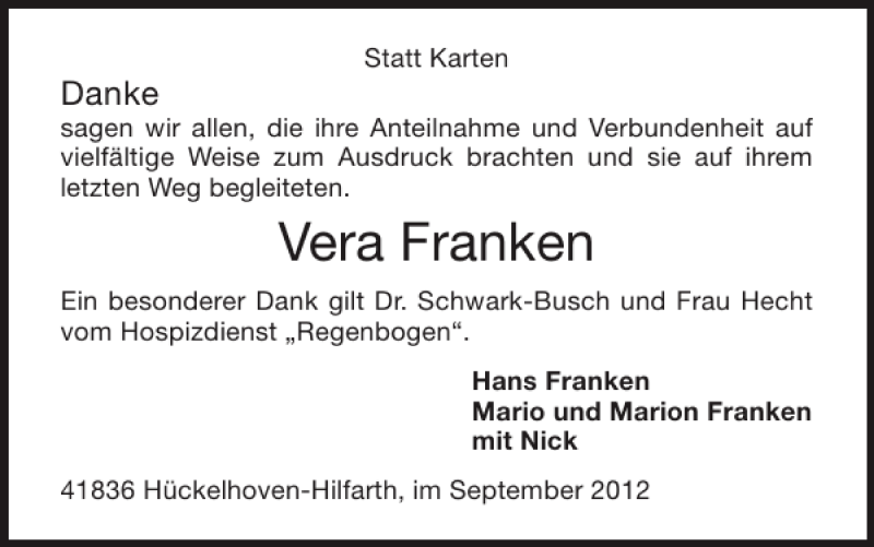 Traueranzeigen Von Vera Franken Aachen Gedenkt