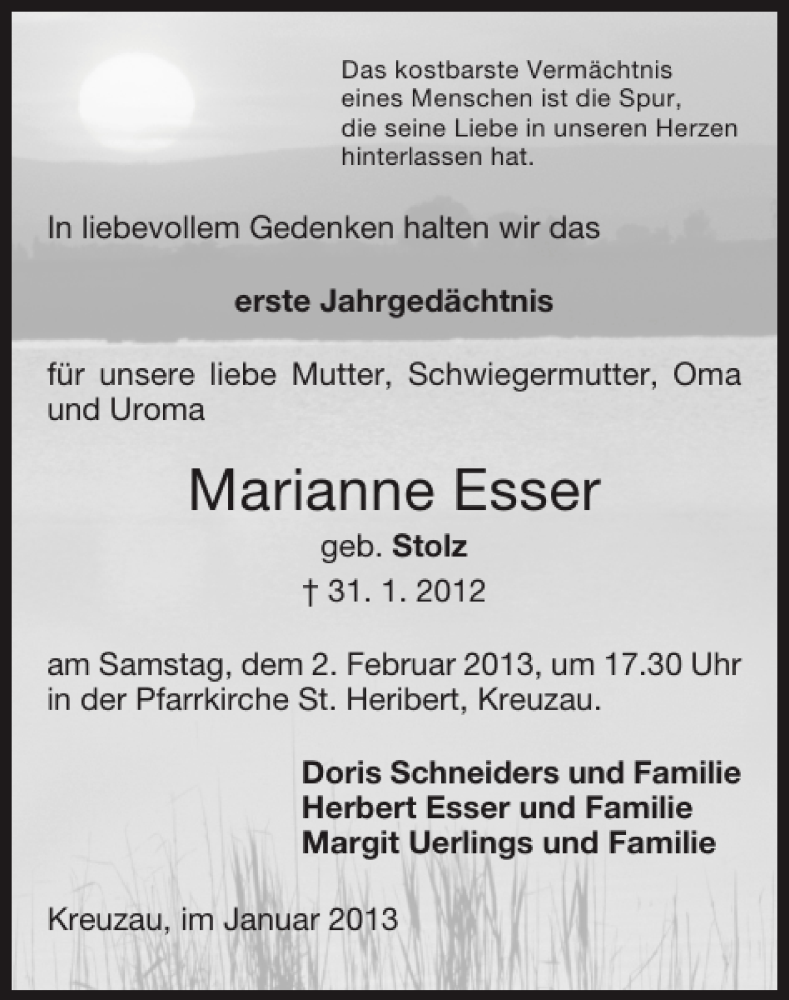 Traueranzeigen Von Marianne Esser Aachen Gedenkt