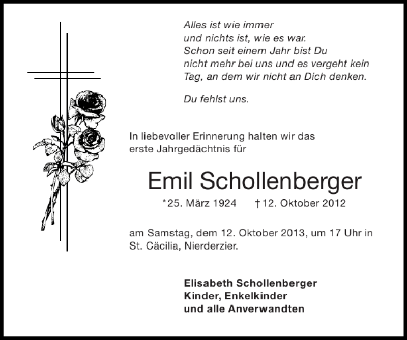 Traueranzeigen Von Emil Schollenberger Aachen Gedenkt