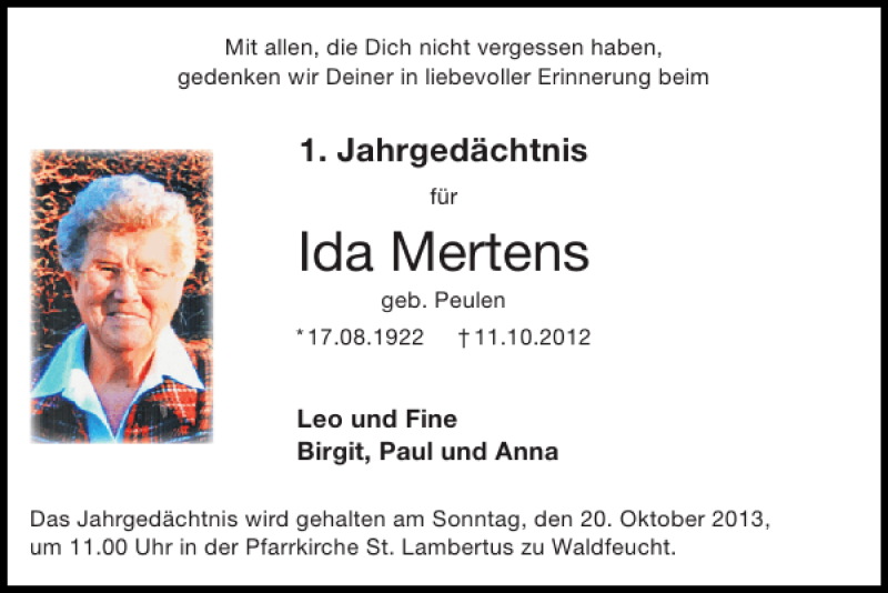 Traueranzeigen Von Ida Mertens Aachen Gedenkt