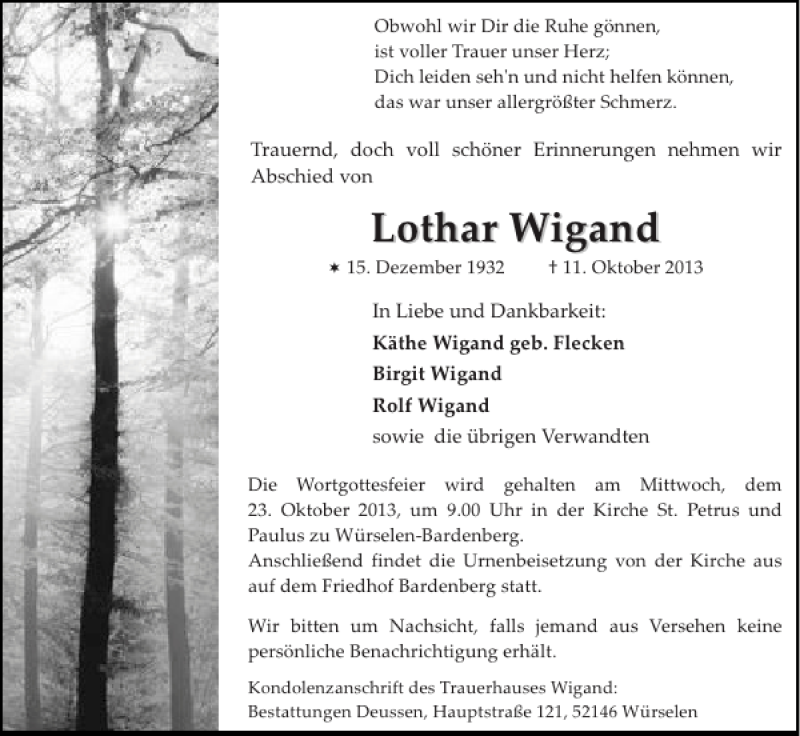 Traueranzeigen Von Lothar Wigand Aachen Gedenkt