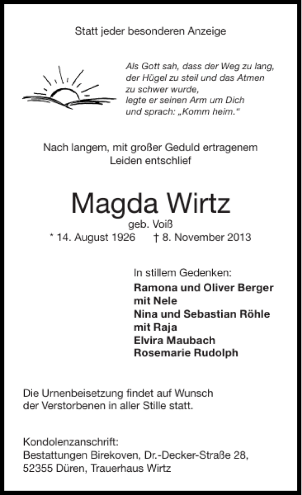 Traueranzeigen Von Magda Wirtz Aachen Gedenkt