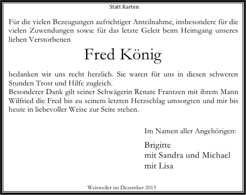 Traueranzeigen Von Fred K Nig Aachen Gedenkt