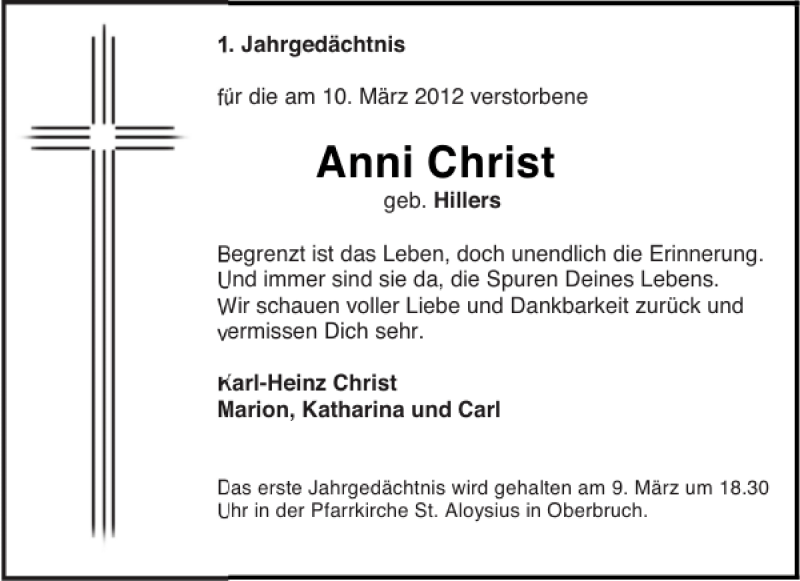 Traueranzeigen Von Anni Christ Aachen Gedenkt