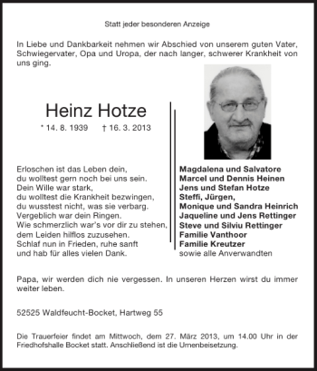 Traueranzeigen Von Heinz Hotze Aachen Gedenkt