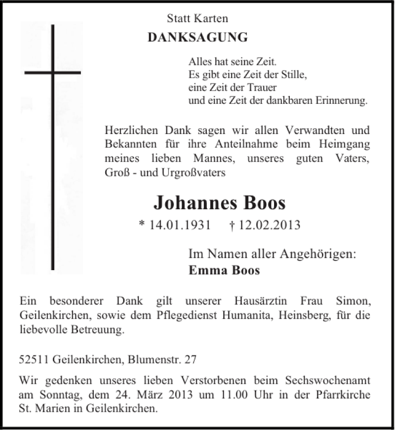 Traueranzeigen Von Johannes Boos Aachen Gedenkt