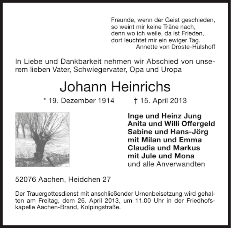 Traueranzeigen Von Johann Heinrichs Aachen Gedenkt