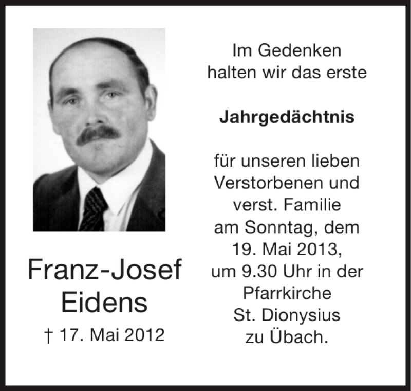 Traueranzeigen Von Franz Josef Eidens Aachen Gedenkt