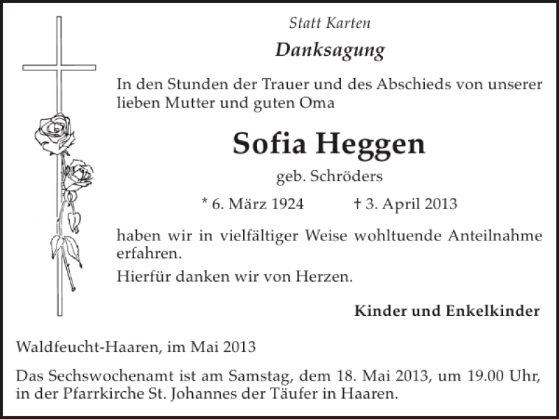 Traueranzeigen Von Sofia Heggen Aachen Gedenkt