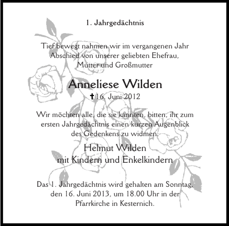 Traueranzeigen Von Anneliese Wilden Aachen Gedenkt