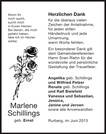 Traueranzeigen Von Marlene Schillings Aachen Gedenkt