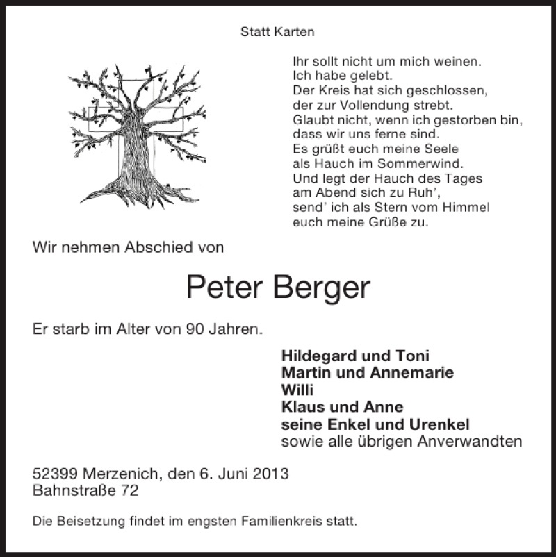 Traueranzeigen Von Peter Berger Aachen Gedenkt