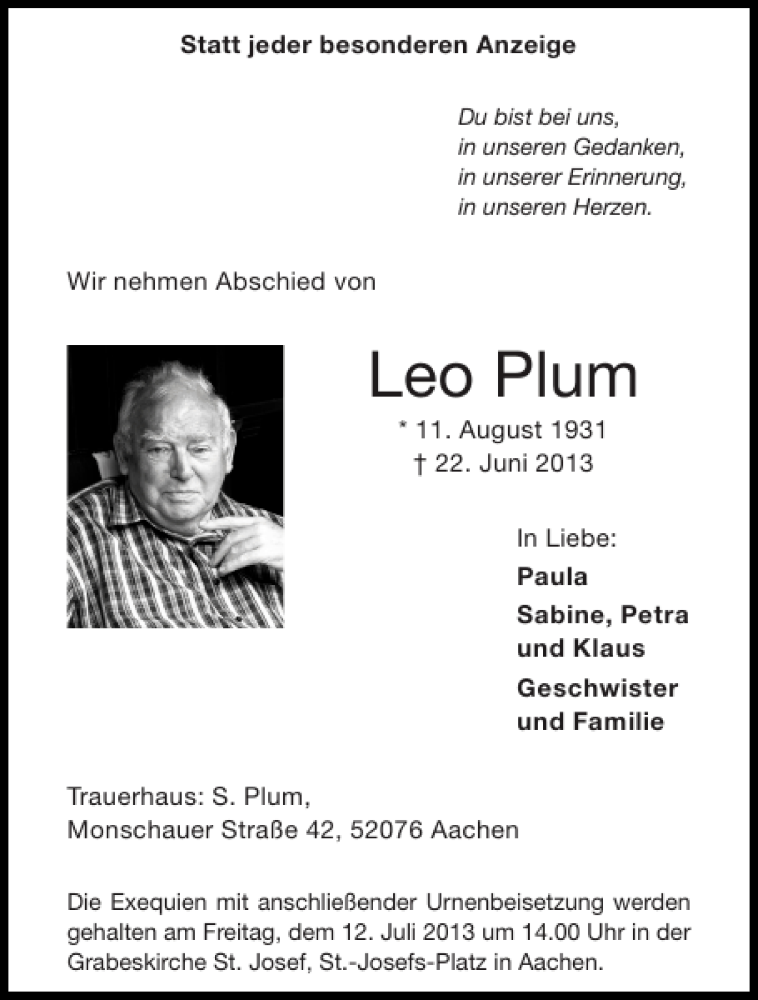 Traueranzeigen Von Leo Plum Aachen Gedenkt