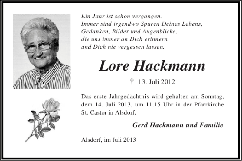 Traueranzeigen Von Lore Hackmann Aachen Gedenkt