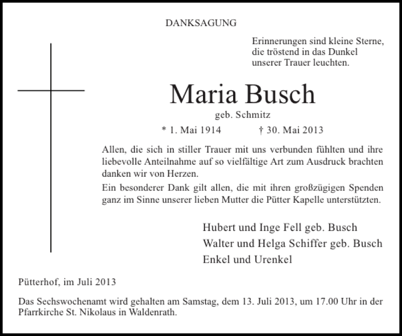 Traueranzeigen Von Maria Busch Aachen Gedenkt