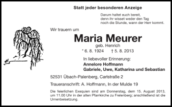 Traueranzeigen Von Maria Meurer Aachen Gedenkt