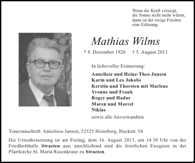 Traueranzeigen Von Mathias Wilms Aachen Gedenkt