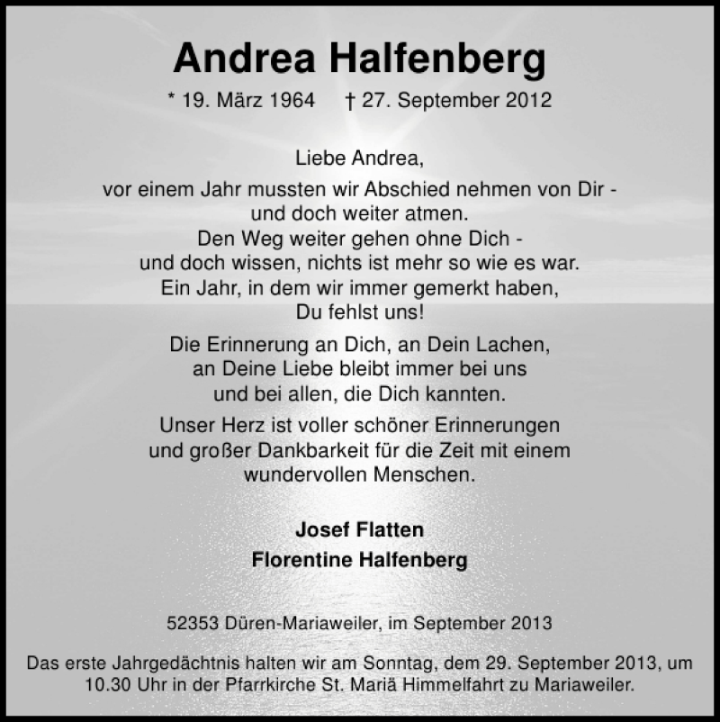 Traueranzeigen Von Andrea Halfenberg Aachen Gedenkt