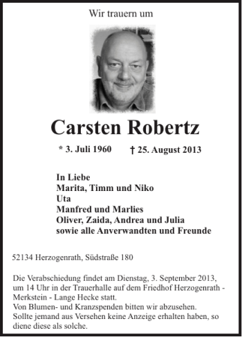 Traueranzeigen Von Carsten Robertz Aachen Gedenkt