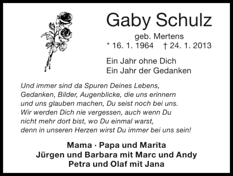 Traueranzeigen Von Gaby Schulz Aachen Gedenkt