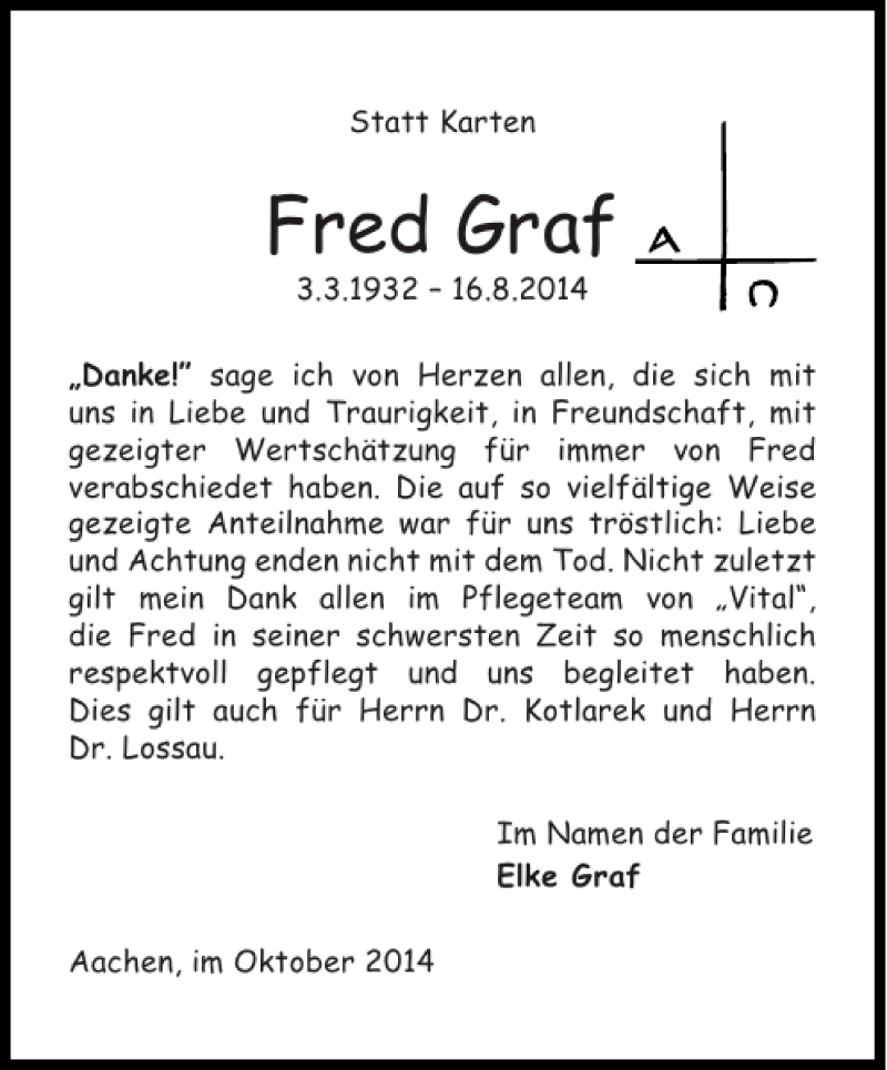 Traueranzeigen Von Fred Graf Aachen Gedenkt