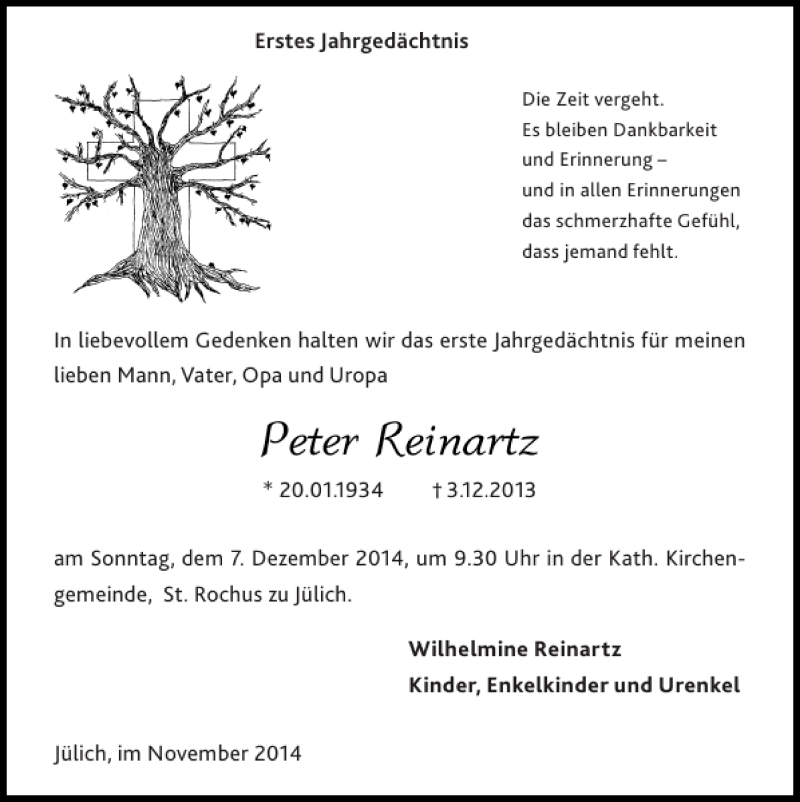 Traueranzeigen Von Peter Reinartz Aachen Gedenkt