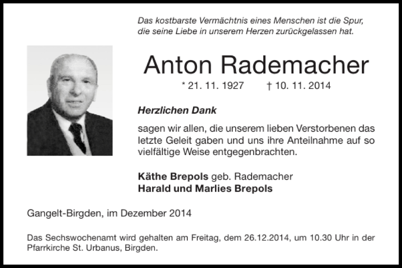 Traueranzeigen Von Anton Rademacher Aachen Gedenkt