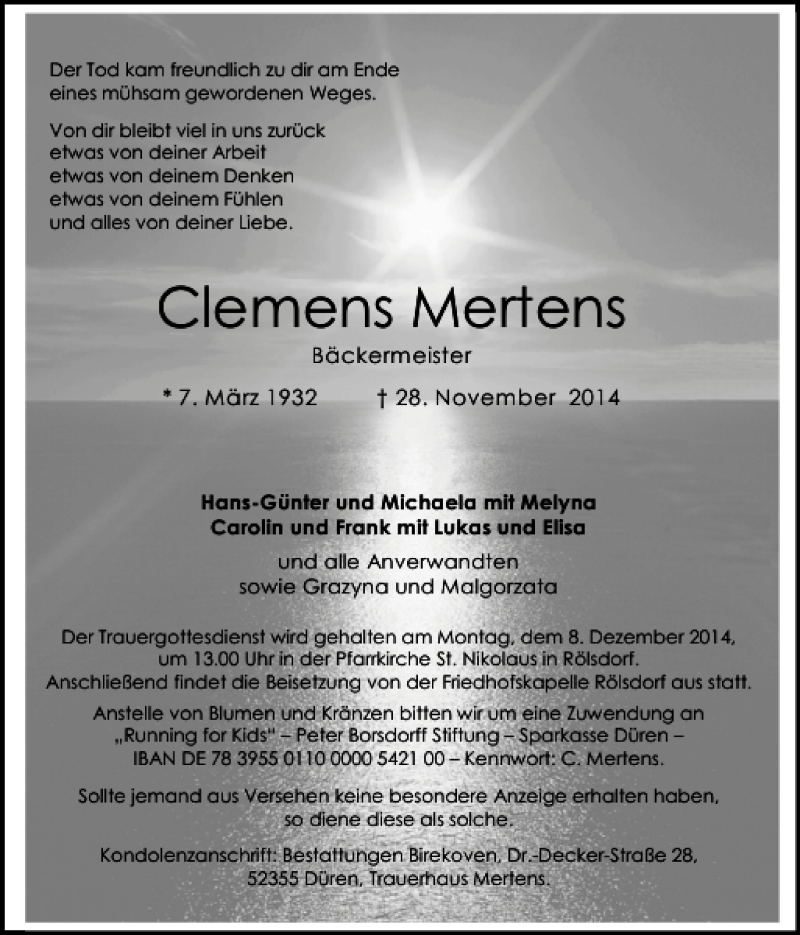 Traueranzeigen Von Clemens Mertens Aachen Gedenkt