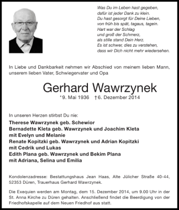 Traueranzeigen Von Gerhard Wawrzynek Aachen Gedenkt