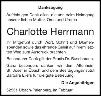 Traueranzeigen Von Charlotte Herrmann Aachen Gedenkt