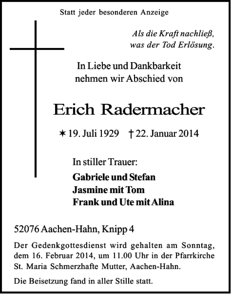 Traueranzeigen Von Erich Radermacher Aachen Gedenkt