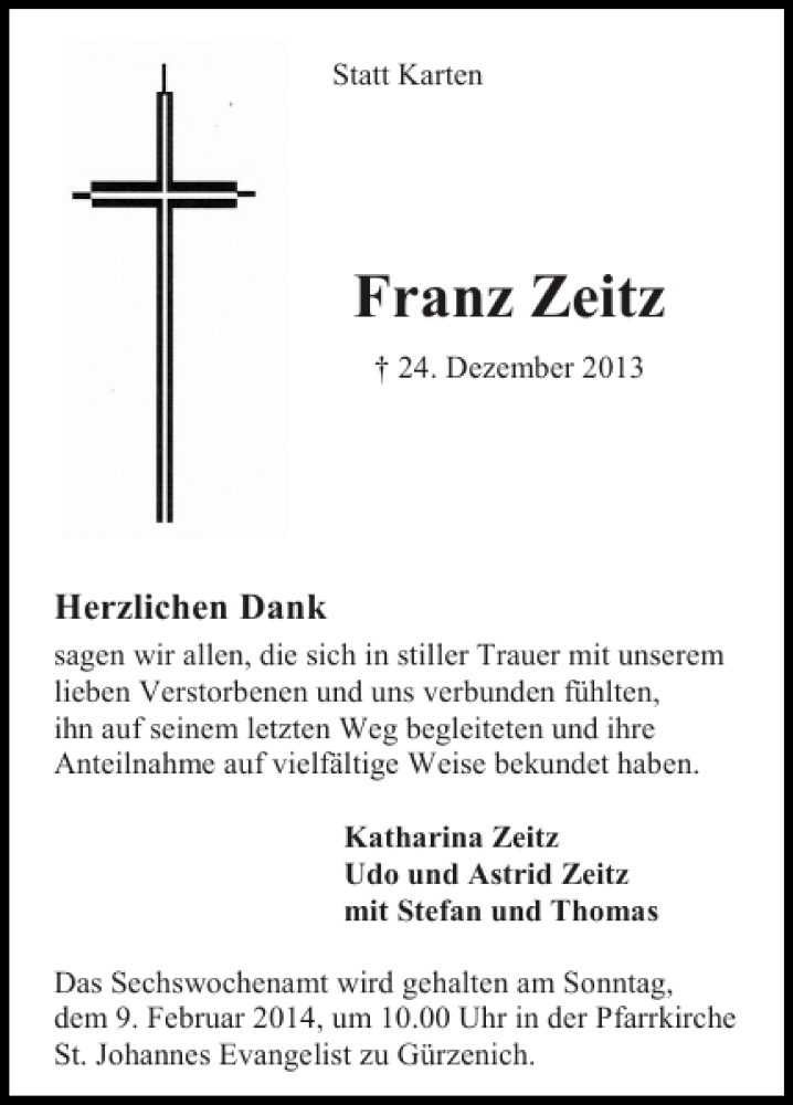 Traueranzeigen Von Franz Zeitz Aachen Gedenkt