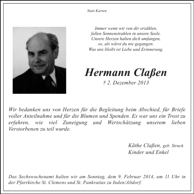 Traueranzeigen von Hermann Claßen Aachen gedenkt