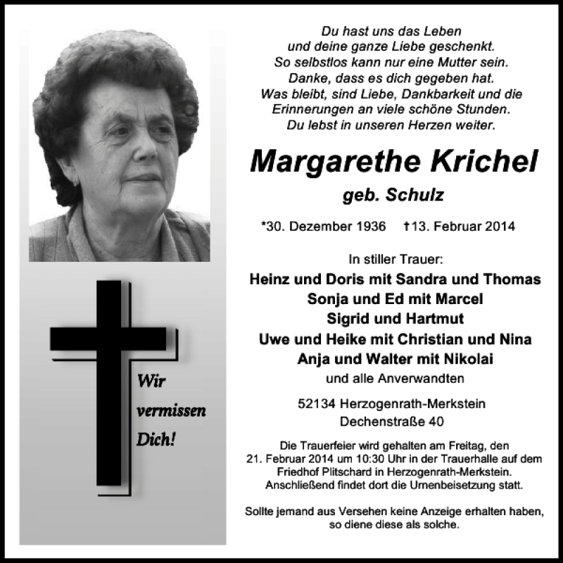 Traueranzeigen Von Margarethe Krichel Aachen Gedenkt