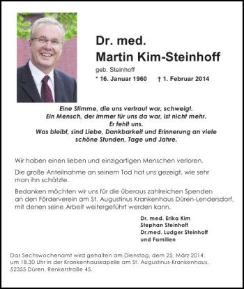 Traueranzeigen Von Dr Med Martin Kim Steinhoff Aachen Gedenkt