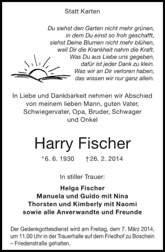 Traueranzeigen Von Harry Fischer Aachen Gedenkt